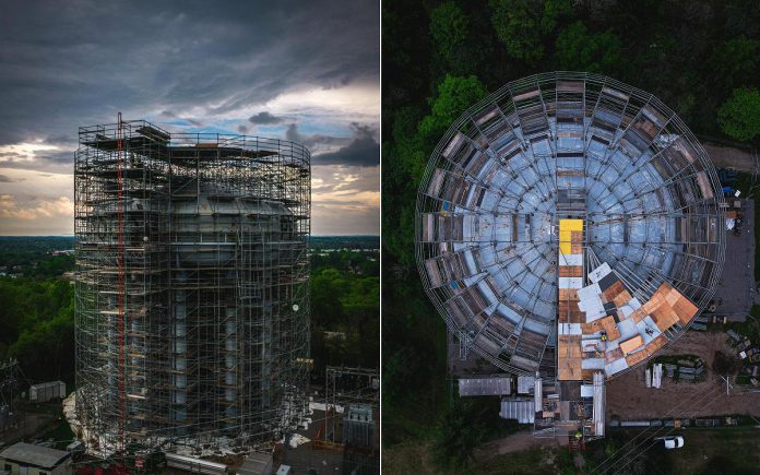 Scaffolding surrounds the landmark High Street water tower in Peterborough in these two photos  by Peterborough-based drone and video production team Unmanned. The project to rehabilitate the water tank and tower began in April and is expected to be completed in October. Unmanned was hired to document the work by Landmark Structures Co., which was contracted by Peterborough Utilities Commission to complete the $3.5-million project. (Photos courtesy of Unmanned)