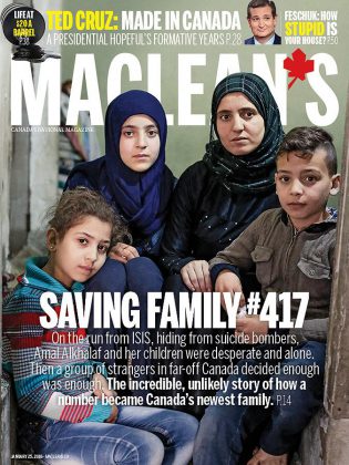 In its January 25, 2016 issue, Macleans Magazine profiled the Alkhalaf family and the efforts of the Salaam Peterborough group (which included Kristy Hiltz and Dave McNab) to bring the Syrian refugee family to Canada. (Graphic: Macleans Magazine)