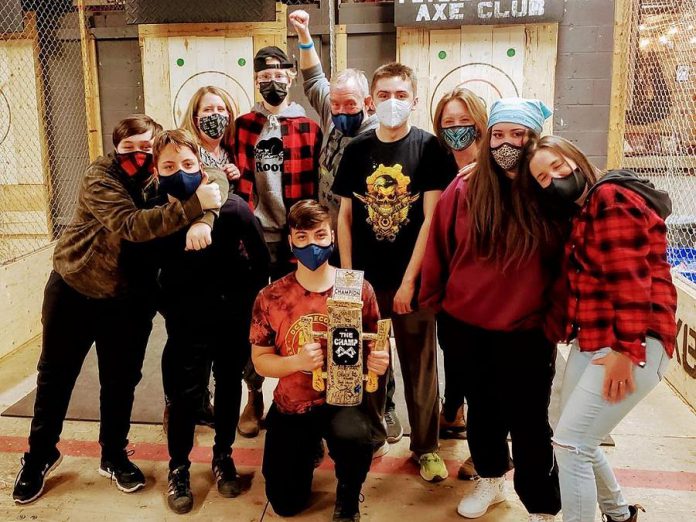 The Peterborough Axe Club at 280 Perry Street in Peterborough has reopened after some renovations. Guests can visit the club to enjoy both axe throwing or darts. In light of COVID-19, the club can welcome four groups of up to 10 people at a time. (Photo courtesy of Peterborough Axe Club)