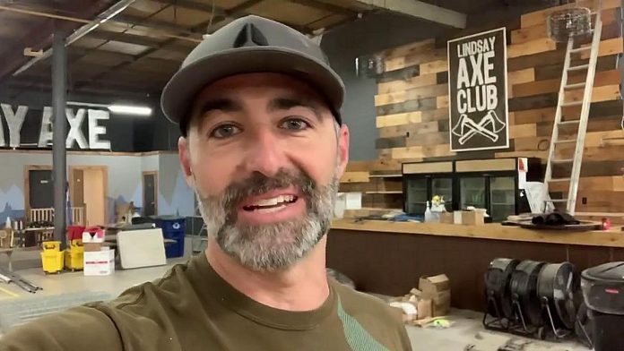 Peterborough Axe Club owner Carlo Raponi in a May 2020 Instagram video explaining how the pandemic forced him to close the Lindsay Axe Club, which opened in 2018. (Video screenshot by kawarthaNOW)