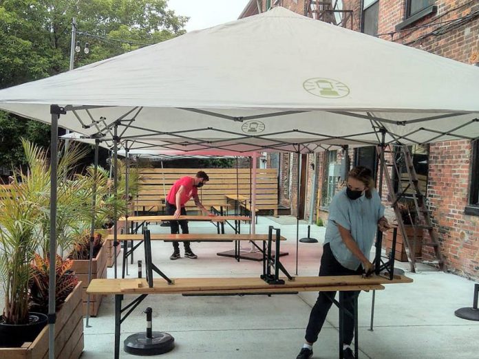 The St Veronus back patio beer garden is located in the Bankers Commons courtyard, which has an entrance on Water Street. The patio is tented in order to operate during rain. Reservations are recommended, and tables are held for 10 minutes. (Photo: St Veronus / Facebook)