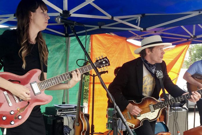 Emily Burgess and Ryan Weber of The Weber Brothers band, which performed at the Peterborough Musicians' Benevolent Association's Deluxe Blues Jam held on July 17, 2021, outside Dr. J's BBQ & Brews in downtown Peterborough. The Weber Brothers released their 13th full-length album in May 2021. (Photo: Paul Rellinger / kawarthaNOW)