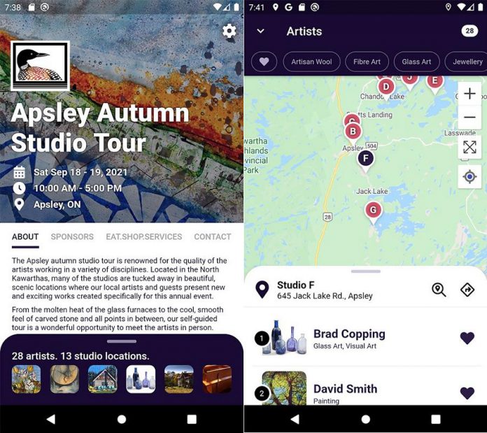 Screenshots from the Android version of the brand new Apsley Autumn Studio Tour app, also available for iOS devices. (Screenshots from Google Play)