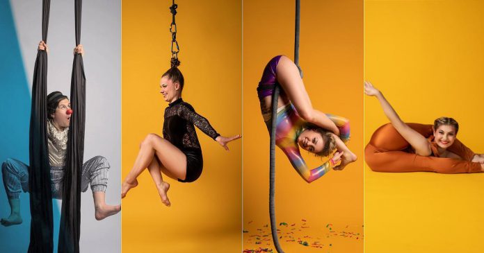 Emily Hughes, Nicole Malbeuf, Laura Lawless, and Flexy-T are the performers in Toronto-based Flying Solo's 'Circus Sundae: Sweet & Salty', presented by Public Energy. The show takes place on August 8, 2021 with two outdoor performances in the parking lots of Peterborough Memorial Centre and PCVS. (Supplied photos, collage by kawarthaNOW)