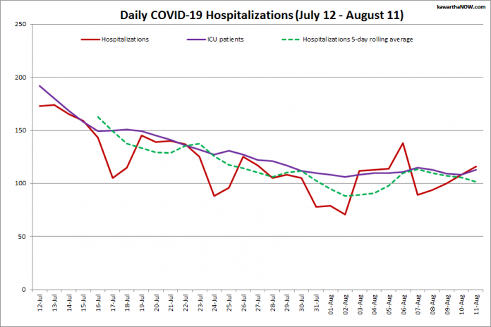 COVID-19 hospitalizations and ICU admissions in Ontario from July 12 - August 11, 2021. The red line is the daily number of COVID-19 hospitalizations, the dotted green line is a five-day rolling average of hospitalizations, and the purple line is the daily number of patients with COVID-19 in ICUs. (Graphic: kawarthaNOW.com)