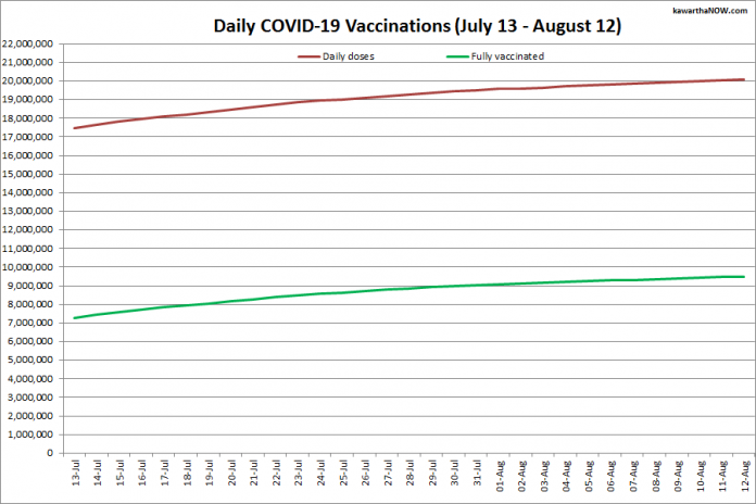 COVID-19 vaccinations in Ontario from July 13 - August 12, 2021. The red line is the cumulative number of daily doses administered and the green line is the cumulative number of people fully vaccinated with two doses of vaccine. (Graphic: kawarthaNOW.com)