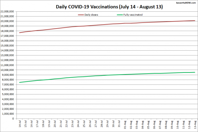 COVID-19 vaccinations in Ontario from July 14 - August 13, 2021. The red line is the cumulative number of daily doses administered and the green line is the cumulative number of people fully vaccinated with two doses of vaccine. (Graphic: kawarthaNOW.com)