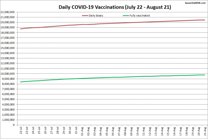 COVID-19 vaccinations in Ontario from July 22 - August 21, 2021. The red line is the cumulative number of daily doses administered and the green line is the cumulative number of people fully vaccinated with two doses of vaccine. (Graphic: kawarthaNOW.com)