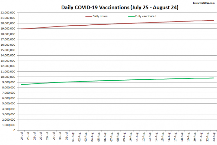 COVID-19 vaccinations in Ontario from July 25 - August 24, 2021. The red line is the cumulative number of daily doses administered and the green line is the cumulative number of people fully vaccinated with two doses of vaccine. (Graphic: kawarthaNOW.com)