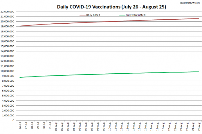 COVID-19 vaccinations in Ontario from July 26 - August 25, 2021. The red line is the cumulative number of daily doses administered and the green line is the cumulative number of people fully vaccinated with two doses of vaccine. (Graphic: kawarthaNOW.com)