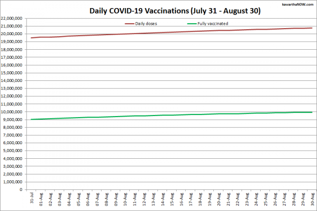 COVID-19 vaccinations in Ontario from July 31 - August 30, 2021. The red line is the cumulative number of daily doses administered and the green line is the cumulative number of people fully vaccinated with two doses of vaccine. (Graphic: kawarthaNOW.com)