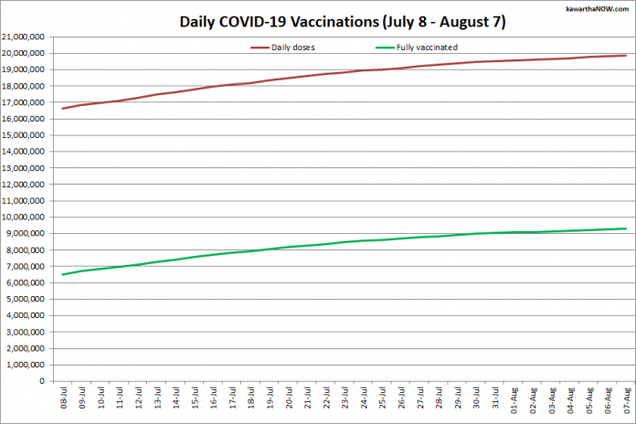 COVID-19 vaccinations in Ontario from July 8 - August 7, 2021. The red line is the cumulative number of daily doses administered and the green line is the cumulative number of people fully vaccinated with two doses of vaccine. (Graphic: kawarthaNOW.com)