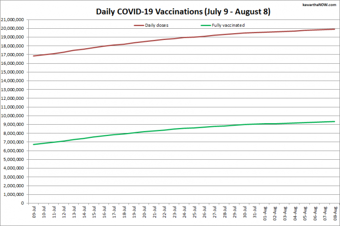 COVID-19 vaccinations in Ontario from July 9 - August 8, 2021. The red line is the cumulative number of daily doses administered and the green line is the cumulative number of people fully vaccinated with two doses of vaccine. (Graphic: kawarthaNOW.com)