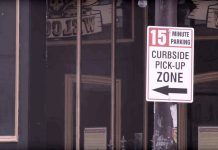 During the week of August 9, 2021, the City of Peterborough will be removing the curbside pickup parking zones, first created in January 2021 to provide for 15 minutes of free parking for people to pick up food or shopping orders. Regular parking will resume in the spaces used for the zones. (kawarthaNOW screenshot from City of Peterborough video)