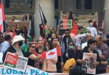 A solidarity protest against the Taliban held in Vancouver, Canada on August 14, 2021. The Peterborough chapter of Canadian Women for Women in Afghanistan (CW4WAfghan) is raising awareness and funds to support Afghan refugees fleeing the Taliban and for humanitarian aid. Members of the Peterborough chapter along with Red Pashmina Inc. will be in downtown Peterborough on September 4, 2021. (Photo via CW4WAfghan on Facebook)
