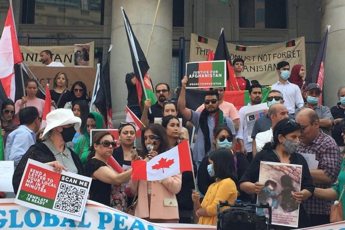 A solidarity protest against the Taliban held in Vancouver, Canada on August 14, 2021. The Peterborough chapter of Canadian Women for Women in Afghanistan (CW4WAfghan) is raising awareness and funds to support Afghan refugees fleeing the Taliban and for humanitarian aid. Members of the Peterborough chapter along with Red Pashmina Inc. will be in downtown Peterborough on September 4, 2021. (Photo via CW4WAfghan on Facebook)