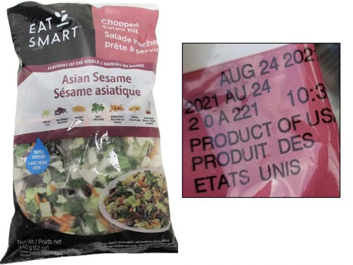 Do not consume Eat Smart brand Asian Sesame Chopped Salad Kit, sold in 350 g bags with UPC code 7 09351 30169 and date codes AUG 24 2021, 2021 AU 24, and 2 0 A 221. (Photos: Canadian Food Inspection Agency)
