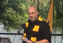 Electric City Football Club president Rob Jenkins, sporting the team's official colours of yellow and black, officially announced Monday (August 9, 2021) at the Silver Bean Café on the shores of Little Lake in Peterborough that the professional soccer franchise will make its League1 Ontario debut in May 2022. (Photo: Paul Rellinger / kawarthaNOW)