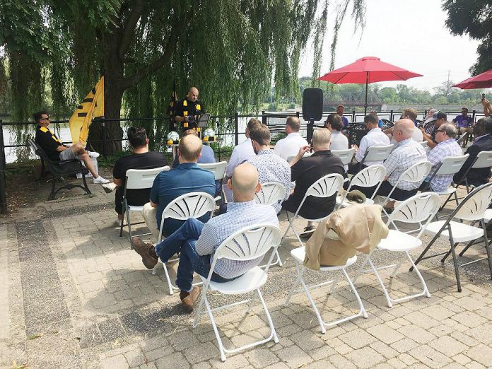 A large crowd watched on August 9, 2021 at the Silver Bean Café in Peterborough as the Electric City Football Club was officially announced, with the team set to begin play in May 2022 as part of the League1 Ontario's men's division. The club's ownership group is also looking at bringing a woman's professional soccer team to Peterborough in 2023. (Photo: Paul Rellinger / kawarthaNOW)