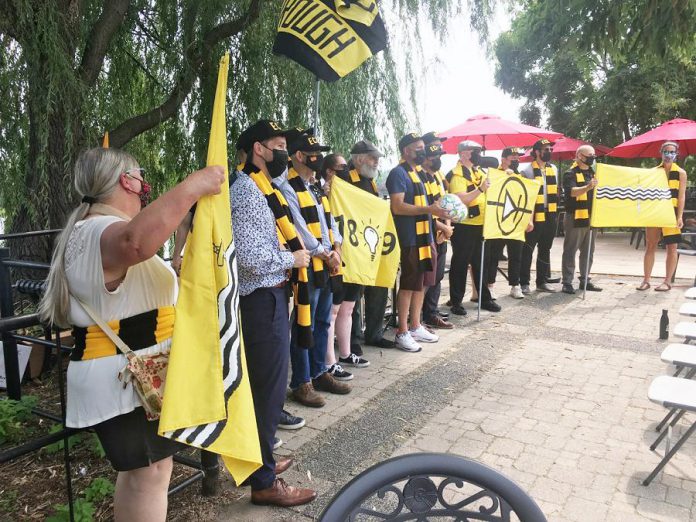 Members of the ownership group backing the Electric City Football Club were joined by club supporters at the official announcement of the club's formation at the Silver Bean Café in Peterborough on August 9, 2021. (Photo: Paul Rellinger / kawarthaNOW)