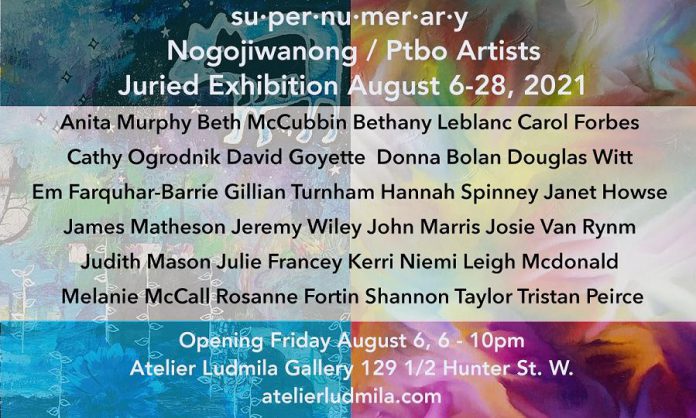 The juried group exhibition 'su-per-nu-mer-ar-y' at Atelier Ludmila Gallery features submissions from 23 local artists. (Graphic:  Atelier Ludmila Gallery)