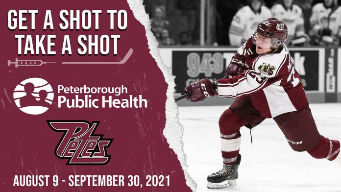 In the Peterborough Public Health and Peterborough Petes 'Get a Shot to Take a Shot' campaign, Peterborough-area residents who receive a COVID-19 vaccine dose between August 9 and September 30, 2021 will be entered into a draw for 250 pairs of free tickets to a Petes home game, with five of those winners getting the opportunity to shoot the puck in the net from centre ice to win seats in the Petes' executive suite. (Graphic: Peterborough Petes)