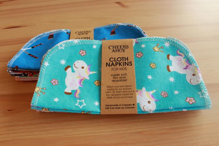 Instead of choosing single-use paper napkins, opt for re-usable fabric wipes, like these adorable prints made locally by Cheeks Ahoy. (Photo: Geneviève Ramage)