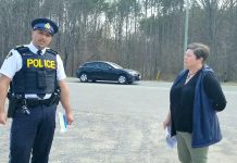 North Kawartha Mayor Carolyn Amyotte speaks with Peterborough County OPP staff sergeant Chris Galeazza in May 2021 about the three stretches of Highway 28 in North Kawartha that have the most collisions, the reasons why, and the intention to have the three stretches designated as community safety zones where speeding fines are doubled. (kawarthaNOW screenshot of Facebook video)