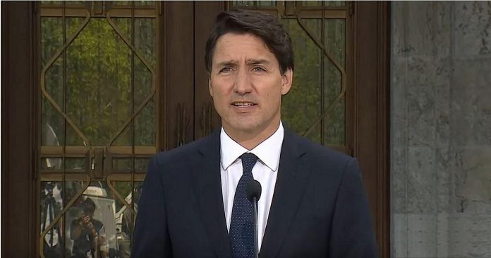 On August 15, 2021, Liberal Leader Justin Trudeau spoke with reporters at Rideau Hall in Ottawa after visiting Governor General Mary Simon to seek the dissolution of Parliament and the launch of a general federal election to be held on September 20. (CPAC screenshot by kawarthaNOW)