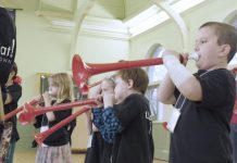 Children participating in a four-week pilot of the Kawartha Youth Orchestra's Upbeat! Downtown after-school music program in 2019. The free program, designed for children living in Peterborough who are interested in music but face barriers to accessing music education, will run from September to June with COVID-19 safety protocols in place. (Photo courtesy of Kawartha Youth Orchestra)