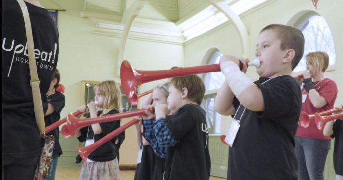 Children participating in a four-week pilot of the Kawartha Youth Orchestra's Upbeat! Downtown after-school music program in 2019. The free program, designed for children living in Peterborough who are interested in music but face barriers to accessing music education, will run from September to June with COVID-19 safety protocols in place. (Photo courtesy of Kawartha Youth Orchestra)