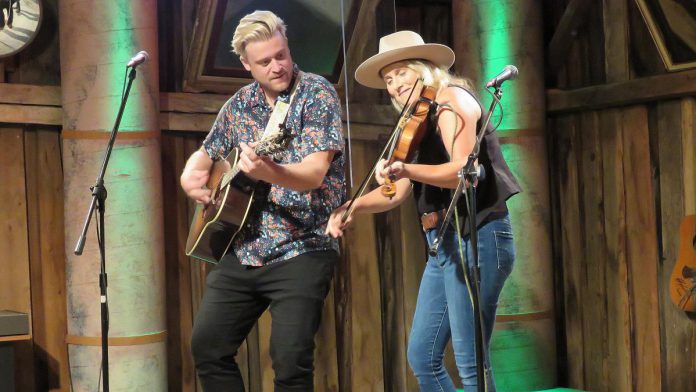 Express & Company (Dylan Ireland and Melissa Payne) during their performance for season three of "Live! At the Barn", a series of live off-the-floor video performances produced, recorded, and edited by Andy Tough at the Norwood area barn he owns with his wife Linda. The Express & Company episode premieres on YouTube on October 8, 2021. (Photo courtesy of Andy and Linda Tough)