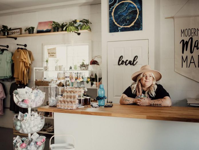 Chantel Coyle, co-owner of Modern Makers Market, at the Chamberland Street location of the creative retail hub. Before opening the shop in November 2020, Modern Makers Market was an events-based business promoting local makers. They are returning to their roots by hosting a welcome back pop-up event on August 14 and 15, 2021. (Photo: Rejeanne Martin)