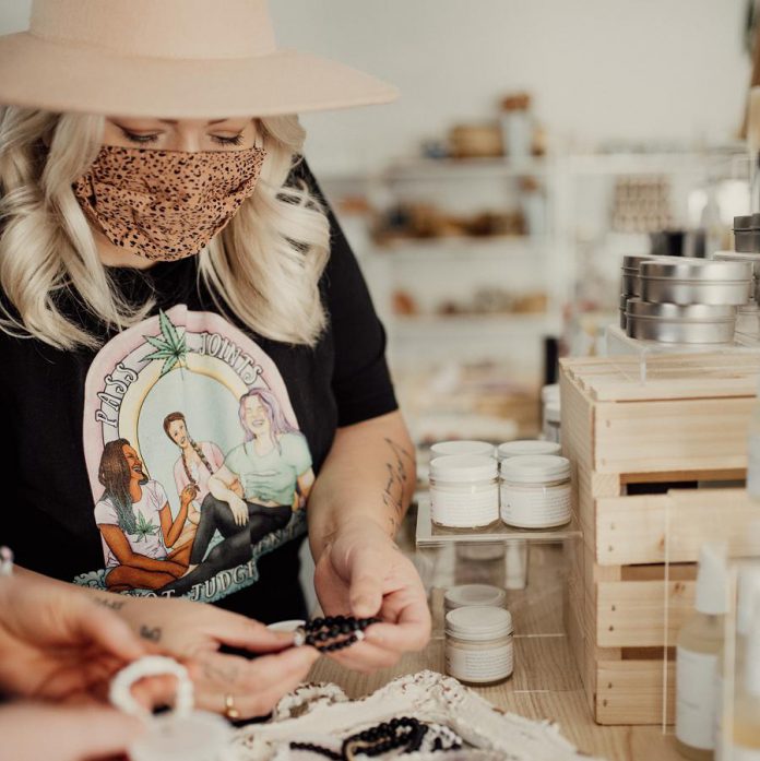 Chantel Coyle, co-owner of Modern Makers Market, working at the Chamberland Street shop. For their welcome back pop-up event on August 14 and 15, 2021, the shop will be configured to provide a COVID-safe shopping experience, with an indoor and outdoor market featuring traffic flow control and enough room for physical distancing. (Photo: Rejeanne Martin)