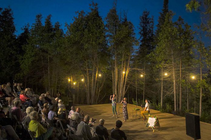 Stratford and Shaw festival regulars Billy Lake, Heather McGuigan, and David Ball perform on August 5, 2021 at the inaugural show at The Grove Theatre in Fenelon Falls. (Photo: Fred Thornhill)