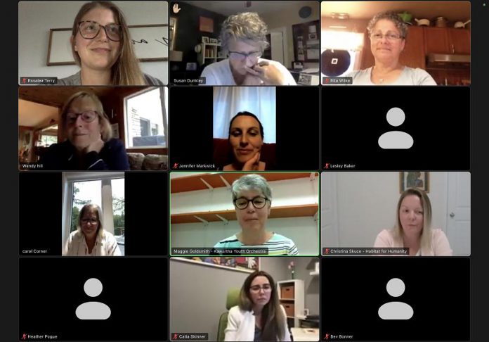 Members of 100 Women Peterborough met virtually on September 21, 2021 to review presentations from Kawartha Youth Orchestra, Habitat for Humanity, and Trent University's Fisheries Research Program, before selecting Kawartha Youth Orchestra as the recipient of the group's donations. (Photo: 100 Women Peterborough)