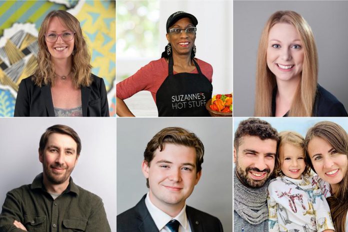 Applications for the fall intake of Starter Company Plus close on September 26, 2021. Pictured are the six participants of the summer 2021 who each received a $5,000 microgrant to help launch or expand their businesses. Clockwise from top left: Kelsey Watts of Worthy Truth Wellness, Suzanne Schmidt of Suzanne’s Hot Stuff, Emily Nigro of Dead End Lures, Tuncay Alkan & Laura Wilson of MEZE, Lucas Graham  of Countdown Creative, and Chris Carvalho of East City Knife Sharpening. (Photos courtesy of Peterborough & the Kawarthas Economic Development)