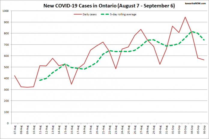 COVID-19 cases in Ontario from August 7 - September 6, 2021. The red line is the number of new cases reported daily, and the dotted green line is a five-day rolling average of new cases. (Graphic: kawarthaNOW.com)
