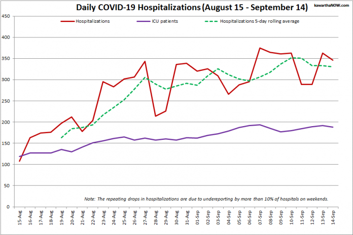 COVID-19 hospitalizations and ICU admissions in Ontario from August 15 - September 14, 2021. The red line is the daily number of COVID-19 hospitalizations, the dotted green line is a five-day rolling average of hospitalizations, and the purple line is the daily number of patients with COVID-19 in ICUs. (Graphic: kawarthaNOW.com)