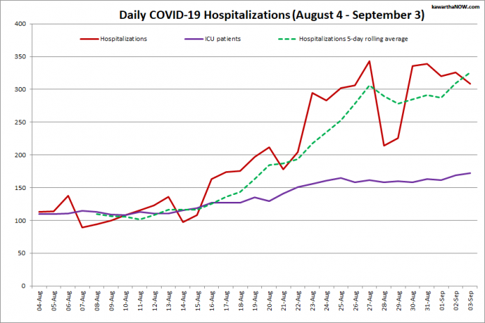 COVID-19 hospitalizations and ICU admissions in Ontario from August 4 - September 3, 2021. The red line is the daily number of COVID-19 hospitalizations, the dotted green line is a five-day rolling average of hospitalizations, and the purple line is the daily number of patients with COVID-19 in ICUs. (Graphic: kawarthaNOW.com)