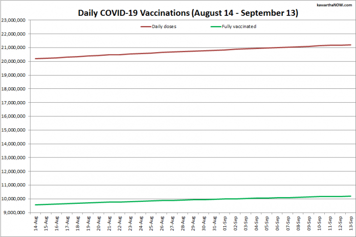 COVID-19 vaccinations in Ontario from August 14 - September 13, 2021. The red line is the cumulative number of daily doses administered and the green line is the cumulative number of people fully vaccinated with two doses of vaccine. (Graphic: kawarthaNOW.com)