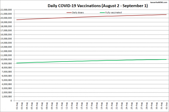 COVID-19 vaccinations in Ontario from August 2 - September 1, 2021. The red line is the cumulative number of daily doses administered and the green line is the cumulative number of people fully vaccinated with two doses of vaccine. (Graphic: kawarthaNOW.com)