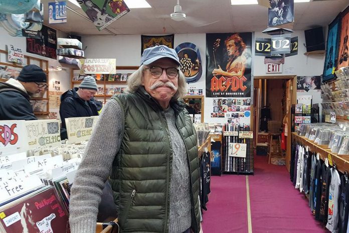 Don Skuce, pictured here at the now-closed Moondance Music in Peterborough in February 2018, was the longtime owner of Ed's Music Workshop. A beloved friend and supporter of numerous musicians and a talented guitar luthier, Skuce died four months after this photo was taken at the age of 66 following a long battle with cancer. The Don Skuce Memorial Music Collective was founded to honour his memory and to support Peterborough-area musicians. (Photo: Jeannine Taylor / kawarthaNOW)