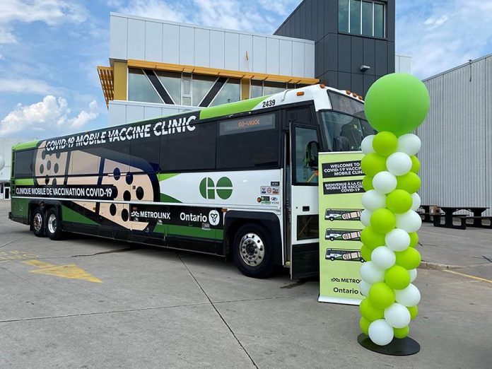 A partnership between the Ontario government and Metrolinx, the two GO-VAXX buses operate as fully functioning vaccine clinics, with the necessary supplies and trained staff to provide assistance to people and ensure vaccines are administered safely. (Supplied photo)