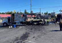 The aftermath of a fiery collision involving two trucks and a passenger vehicle that claimed the life of the driver of the passenger vehicle at the intersection of Highway 7 and County Road 30 in Havelock on September 16, 2021. (Photo: OPP)