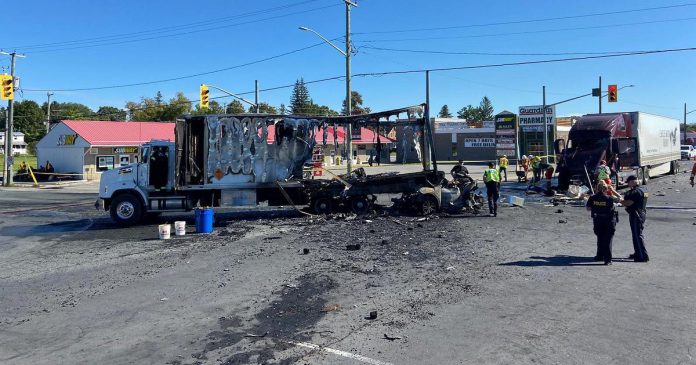 The aftermath of a fiery collision involving two trucks and a passenger vehicle that claimed the life of the driver of the passenger vehicle at the intersection of Highway 7 and County Road 30 in Havelock on September 16, 2021. (Photo: OPP)