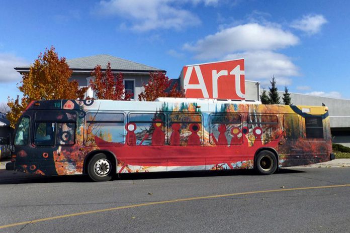 In 2013, Indigenous artist Jimson Bowler was commissioned to create this artwork on a City of Peterborough transit bus. The bus wrap was designed by Peterborough's Big Sky Design, which also designed and maintains Bowler's website pro bono. (Photo: Big Sky Design website)