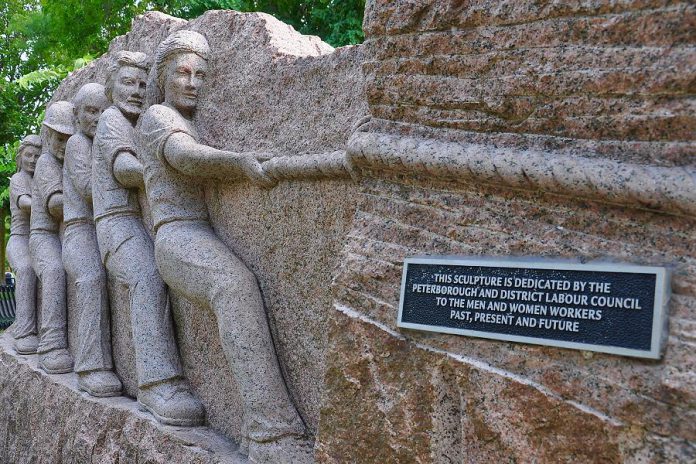 Labour Day celebrates the collective accomplishments of the labour movement in improving working conditions and justice for workers, as symbolized by this memorial in Millennium Park erected by the Peterborough District Labour Council and dedicated to workers past, present, and future. (Photo: Lester Balajadia)