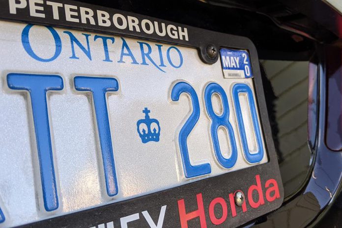 The Ontario government has announced it is reinstating renewal requirements for driver's licences, licence plate stickers, health cards, and more. If you have licence plate stickers that expired during the pandemic, you must renew them by February 28, 2022 and pay for any deferred fees. For example, the fee to renew this sticker will be $240: the fee for May 2020 to May 2021 plus the fee for May 2021 to May 2022. (Photo: Bruce Head / kawarthaNOW)