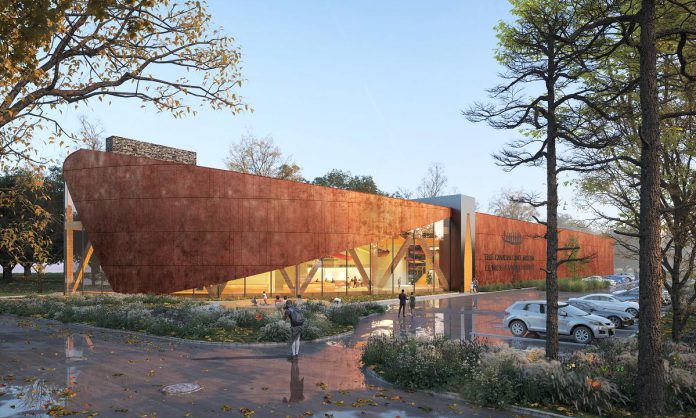 An architectural rendering of the new Canadian Canoe Museum, to be built on the Johnson Property in Peterborough, beside the Parks Canada building and north of Beavermead Park. Now that the museum has completed the purchase of the property at 2077 Ashburnham Drive and signed a design and construction contact, construction will begin in October 2021. (Rendering: Lett Architects Inc.)